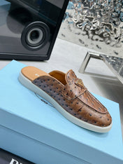 PRA OSTRICH PATTERN MULES CARAMEL CALFSKIN