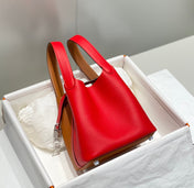 HERMES 25S PICOTIN LOCK 18 IN GOLDEN BROWN AND RED CALFSKIN SILVER HARDWARE