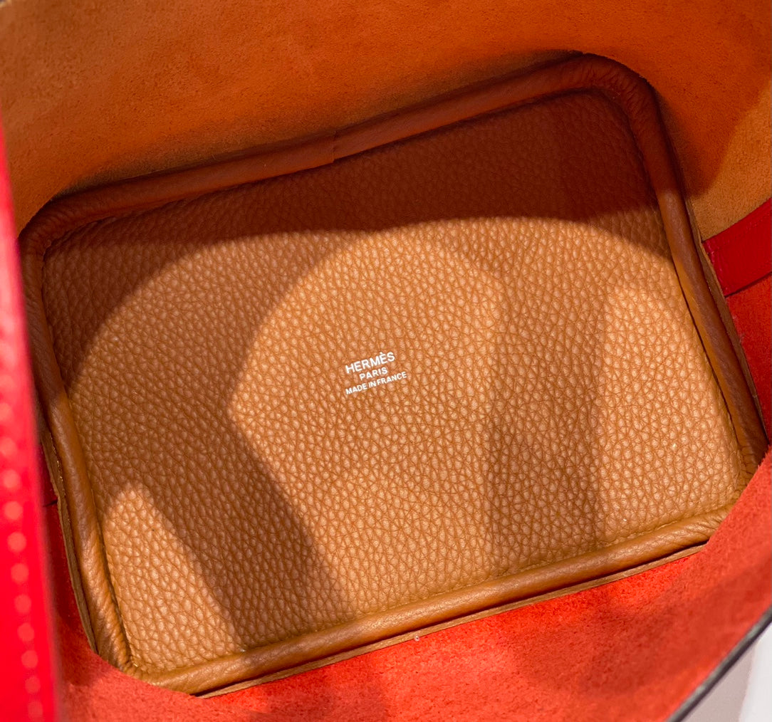 HERMES 25S PICOTIN LOCK 18 IN GOLDEN BROWN AND RED CALFSKIN SILVER HARDWARE