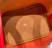 HERMES 25S PICOTIN LOCK 18 IN GOLDEN BROWN AND RED CALFSKIN SILVER HARDWARE