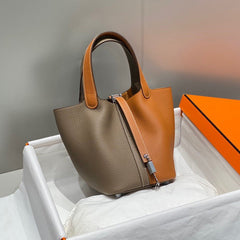 HERMES 25S PICOTIN LOCK 18 IN BROWN AND ORANGE COMBINATION CALFSKIN SILVER HARDWARE