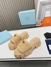 PRA THICK-SOLED CROCHET SANDALS BEIGE WOVEN FABRIC