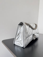 CRUSH CHAINED BAG 25 IN SILVER METALLIC QUILTED CRUSHED CALFSKIN