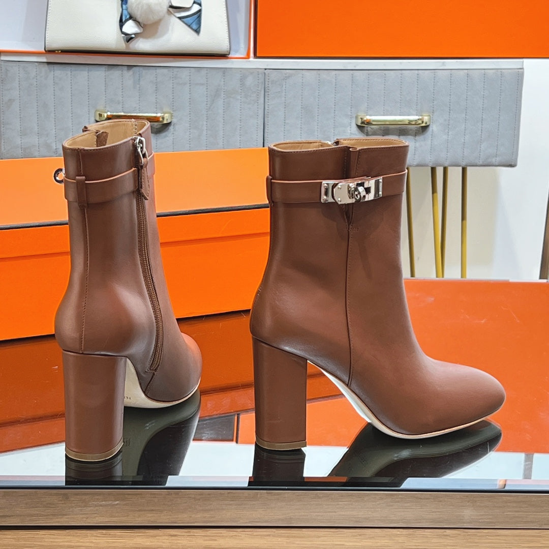 HM 25S SAINT GERMAIN ANKLE BOOTS 90 MM IN BROWN LAMBSKIN WITH SILVER HARDWARE