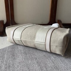 MEDIUM WOODY TOTE BAG 37 IN BEIGE LINEN CANVAS WEBBING LOGO EMBROIDER COTTON WHITE CALFSKIN