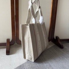 MEDIUM WOODY TOTE BAG 37 IN BEIGE LINEN CANVAS WEBBING LOGO EMBROIDER COTTON WHITE CALFSKIN