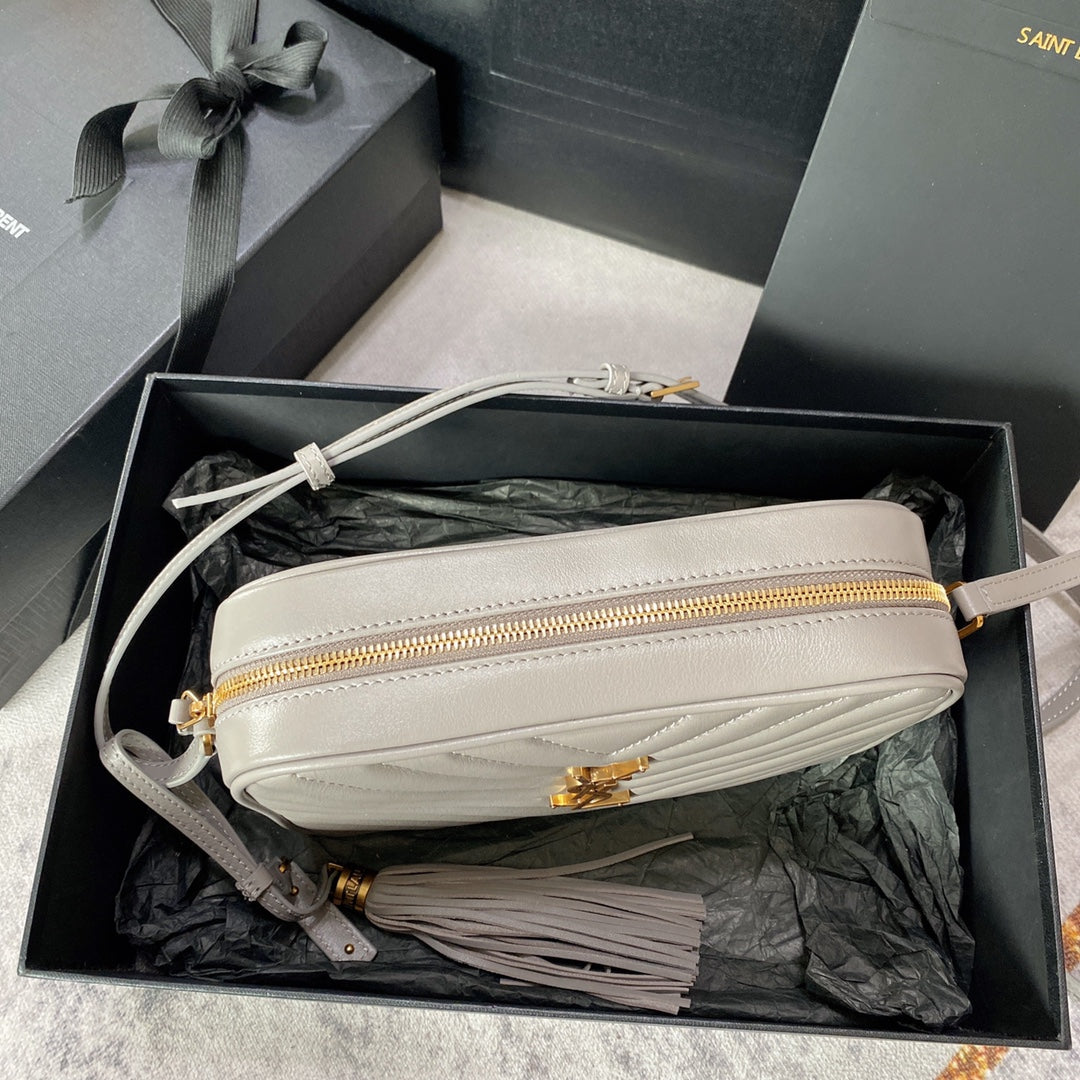 LOU CAMERA BAG 23 IN LIGHT GRAY CALFSKIN GOLD LOGO