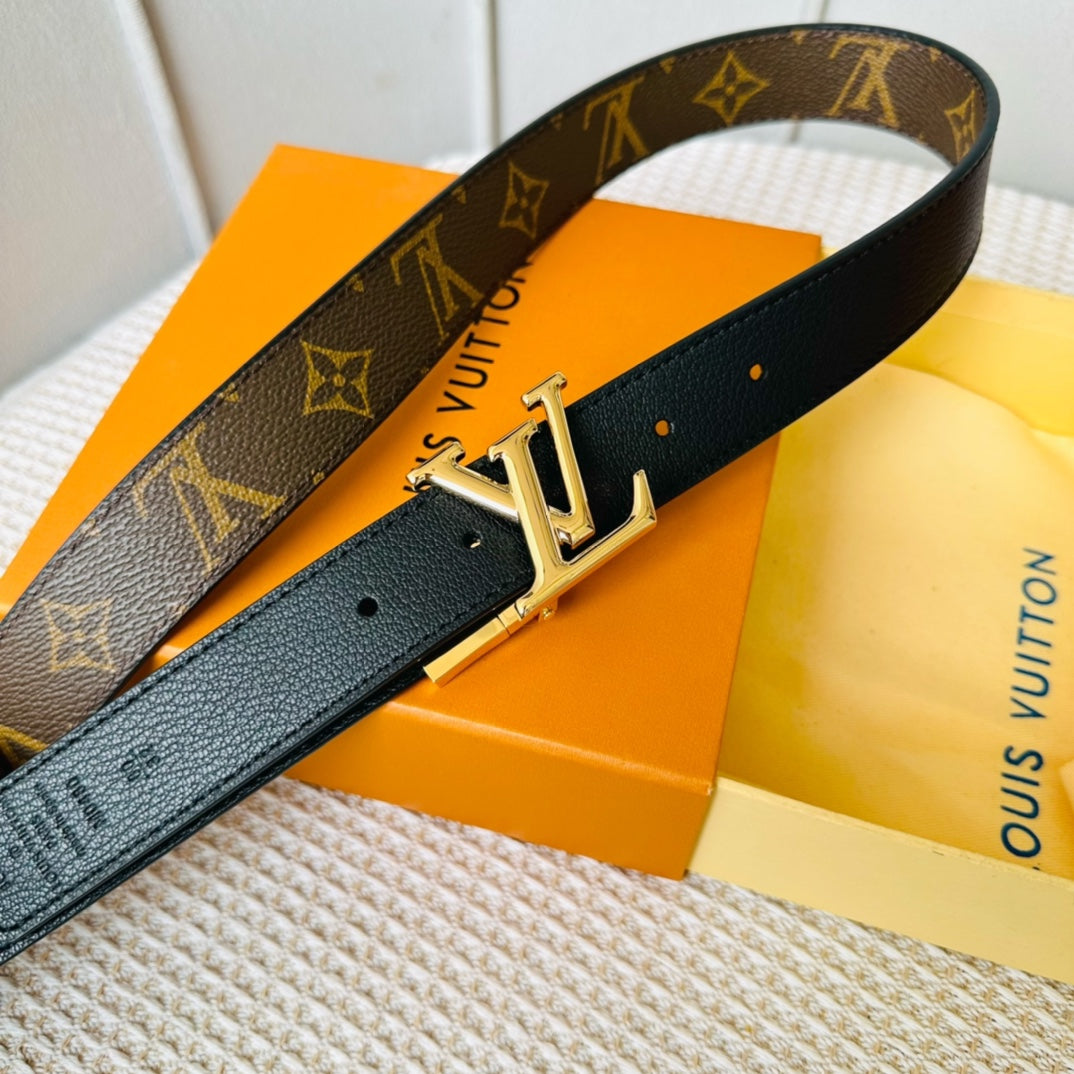 LV Initiales 30mm Reversible Belt Gold Rotating Buckle Black Brown Leather