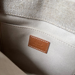 SMALL WOODY TOTE BAG 26.5 IN BEIGE LINEN CANVAS WEBBING LOGO EMBROIDERY BROWN CALFSKIN