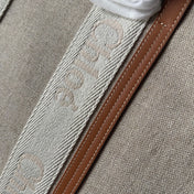 LAGRE WOODY TOTE BAG 45 IN BEIGE LINEN CANVAS WEBBING LOGO EMBROIDERY BROWN CALFSKIN