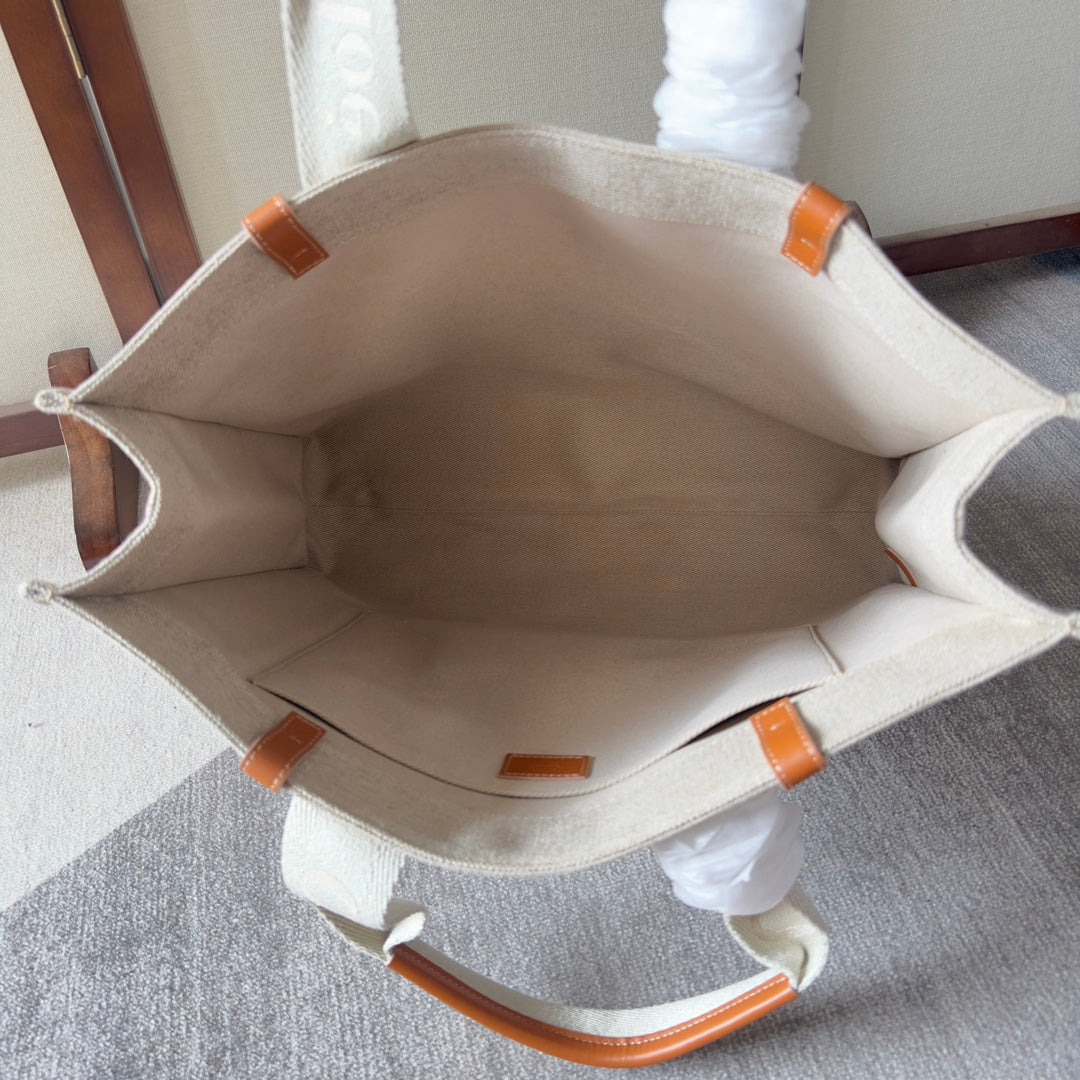 LAGRE WOODY TOTE BAG 45 IN BEIGE LINEN CANVAS WEBBING LOGO EMBROIDERY BROWN CALFSKIN