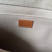 LAGRE WOODY TOTE BAG 45 IN BEIGE LINEN CANVAS WEBBING LOGO EMBROIDERY BROWN CALFSKIN
