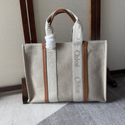 LAGRE WOODY TOTE BAG 45 IN BEIGE LINEN CANVAS WEBBING LOGO EMBROIDERY BROWN CALFSKIN