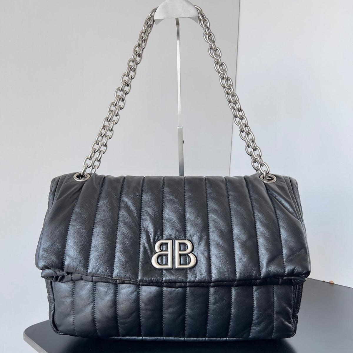 MONACO BAG 32 IN BLACK QUILTED THIN CALFSKIN SILVER HARDWARE