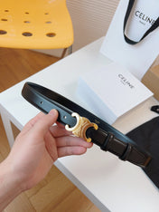 CELINE 25S TRIOMPHE BELT 25MM IN BLACK CALFSKIN GOLD HARDWARE 580705