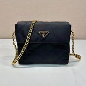 LARGE QUILTED FLAP BAG 23 IN BLACK RE-NYLON FABRIC GOLD CHAIN