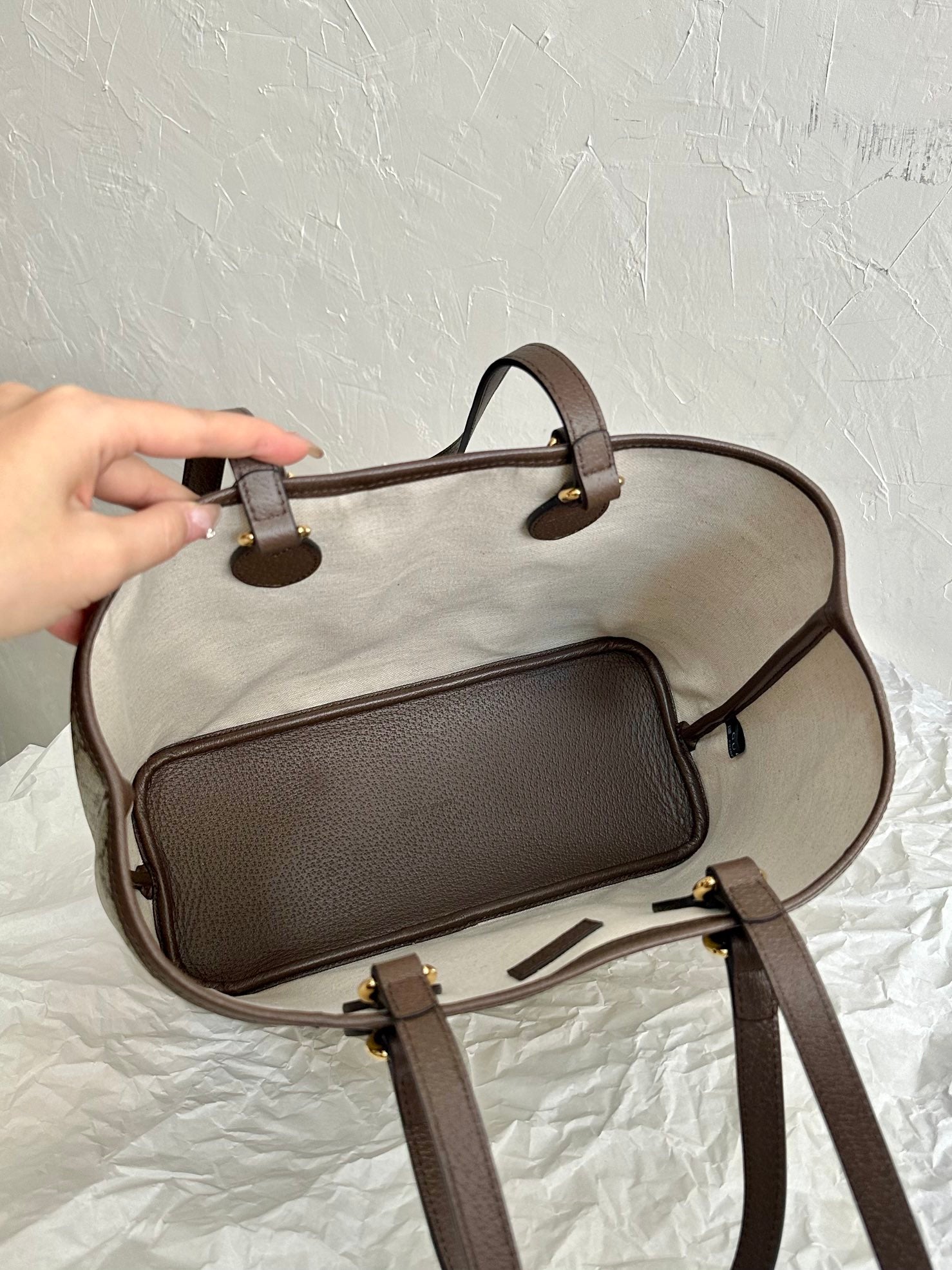 OPHIDIA SMALL TOTE BAG 31 BEIGE CANVAS AND BROWN CALFSKIN