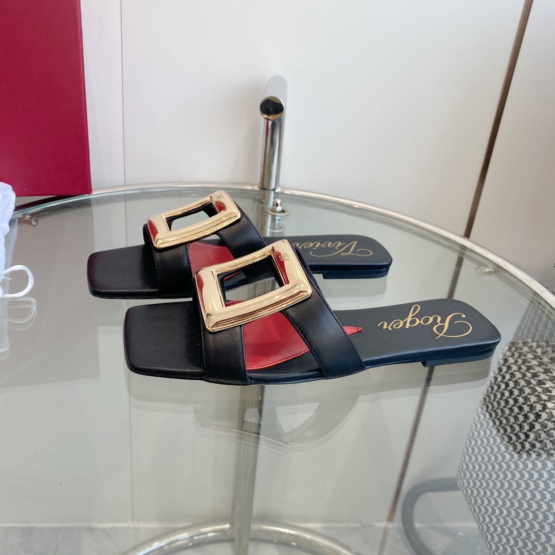 VIV' BY THE SEA LOVE METAL MULES IN BLACK CALFSKIN GOLD BUCKLE