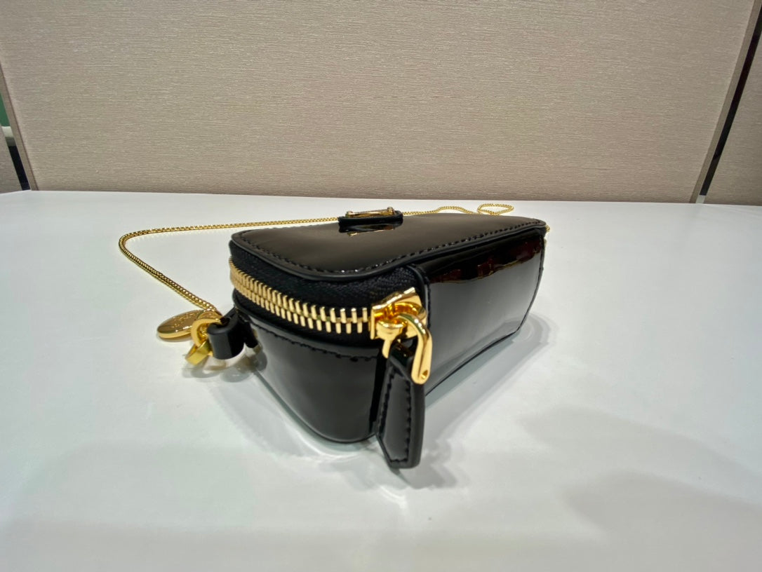 MINI HAND BAG 11 WITH GOLD STRAP IN BLACK PATENT CALFSKIN