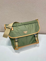 LARGE FLAP BAG 30 IN SEAWEED GREEN RE-NYLON AND BROWN CALFSKIN TRIM