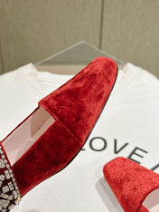 MARY JANES IN RED VELVET WITH CRYSTAL EMBELLISHED STRAP