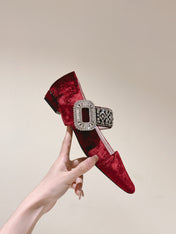 MARY JANES IN RED VELVET WITH CRYSTAL EMBELLISHED STRAP