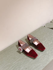 MARY JANES IN RED VELVET WITH CRYSTAL EMBELLISHED STRAP