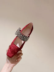 MARY JANES IN RED VELVET WITH CRYSTAL EMBELLISHED STRAP