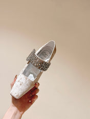 MARY JANES IN BEIGE VELVET WITH CRYSTAL EMBELLISHED STRAP