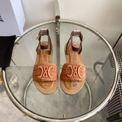 LYMPIA SANDAL IN BRONZE BROWN TRIOMPHE MACCRAMÉ COTTON AND TAN CALFSKIN