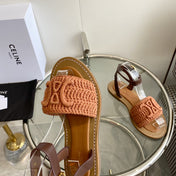 LYMPIA SANDAL IN BRONZE BROWN TRIOMPHE MACCRAMÉ COTTON AND TAN CALFSKIN