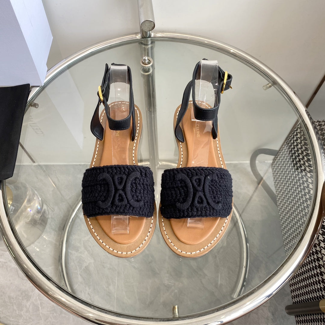 LYMPIA SANDAL IN BLACK TRIOMPHE MACCRAMÉ COTTON AND CALFSKIN