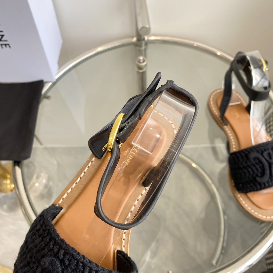 LYMPIA SANDAL IN BLACK TRIOMPHE MACCRAMÉ COTTON AND CALFSKIN