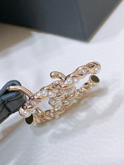 CC BELT 20MM IN BLACK CALFSKIN GOLD HARDWARE ATTACH PEARLS