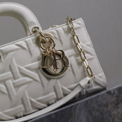 LADY D-JOY BAG 26 IN WHITE GRAPHIC CANNAGE CALFSKIN PALE GOLD-FINISH METAL CHARMS