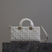 LADY D-JOY BAG 26 IN WHITE GRAPHIC CANNAGE CALFSKIN PALE GOLD-FINISH METAL CHARMS