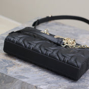 LADY D-JOY BAG 26 IN BLACK GRAPHIC CANNAGE CALFSKIN PALE GOLD-FINISH METAL CHARMS