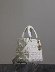 LADY BAG 24 IN WHITE GRAPHIC CANNAGE CALFSKIN PALE GOLD-FINISH METAL CHARMS