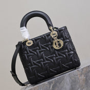 LADY BAG 24 IN BLACK GRAPHIC CANNAGE CALFSKIN PALE GOLD-FINISH METAL CHARMS