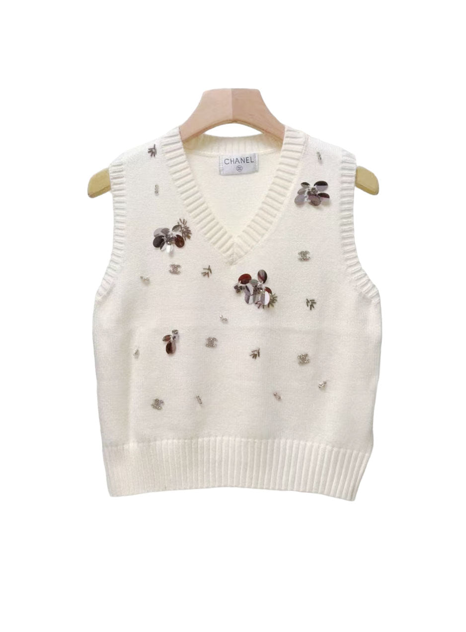 CC Sequined ribbed V-neck knitted vest