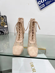 NAUGHTILY-D HEELED ANKLE BOOT IN BISQUE BEIGE CANNAGE MOTIF MESH AND SUEDE 8 CM