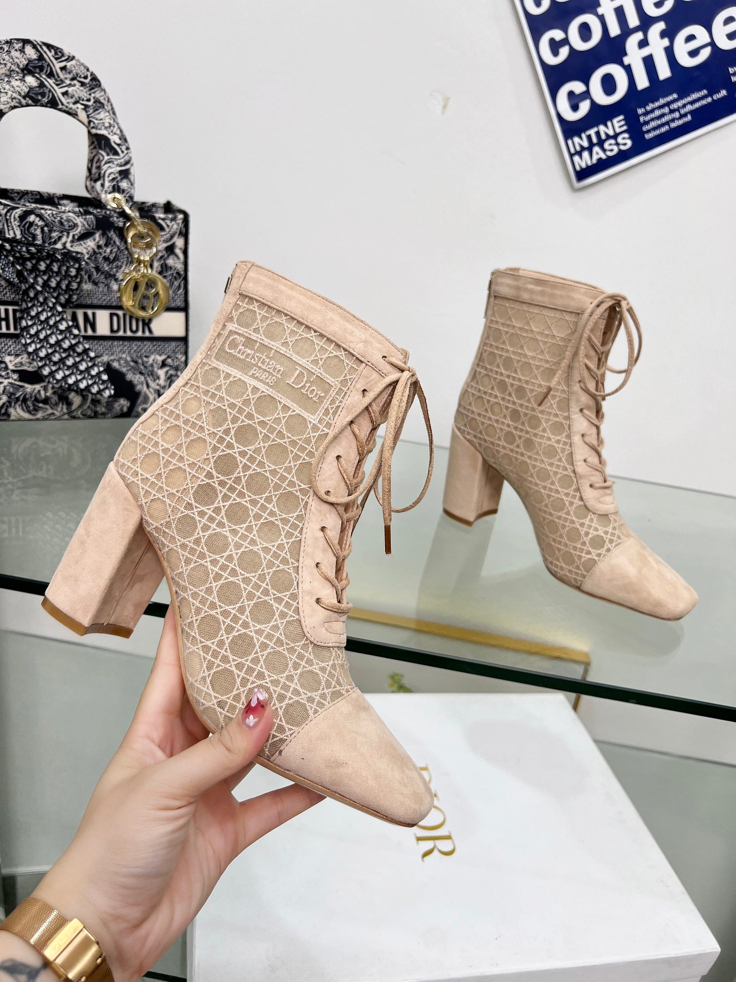 NAUGHTILY-D HEELED ANKLE BOOT IN BISQUE BEIGE CANNAGE MOTIF MESH AND SUEDE 8 CM