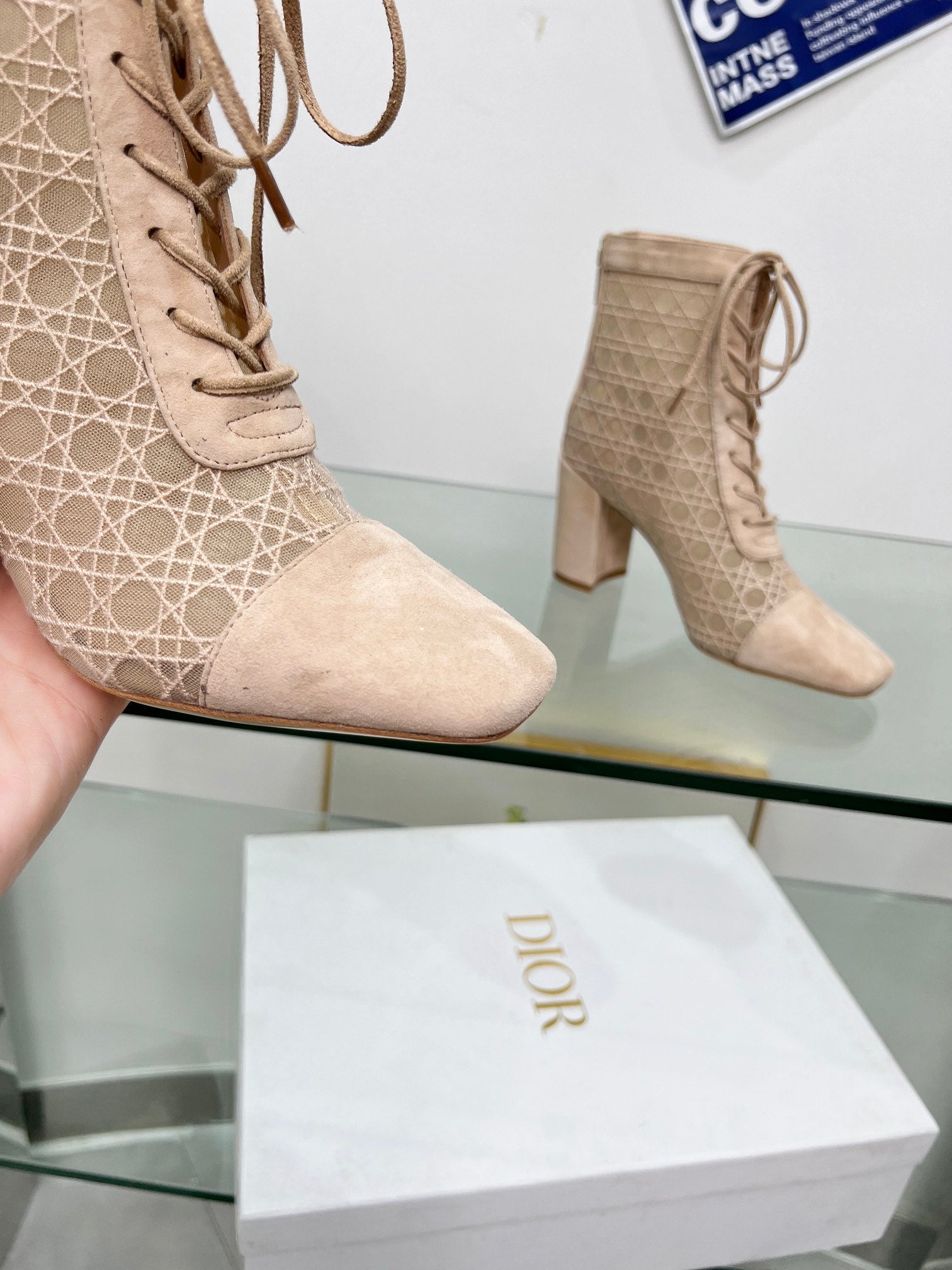 NAUGHTILY-D HEELED ANKLE BOOT IN BISQUE BEIGE CANNAGE MOTIF MESH AND SUEDE 8 CM