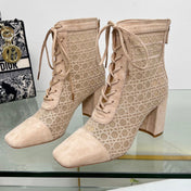 NAUGHTILY-D HEELED ANKLE BOOT IN BISQUE BEIGE CANNAGE MOTIF MESH AND SUEDE 8 CM