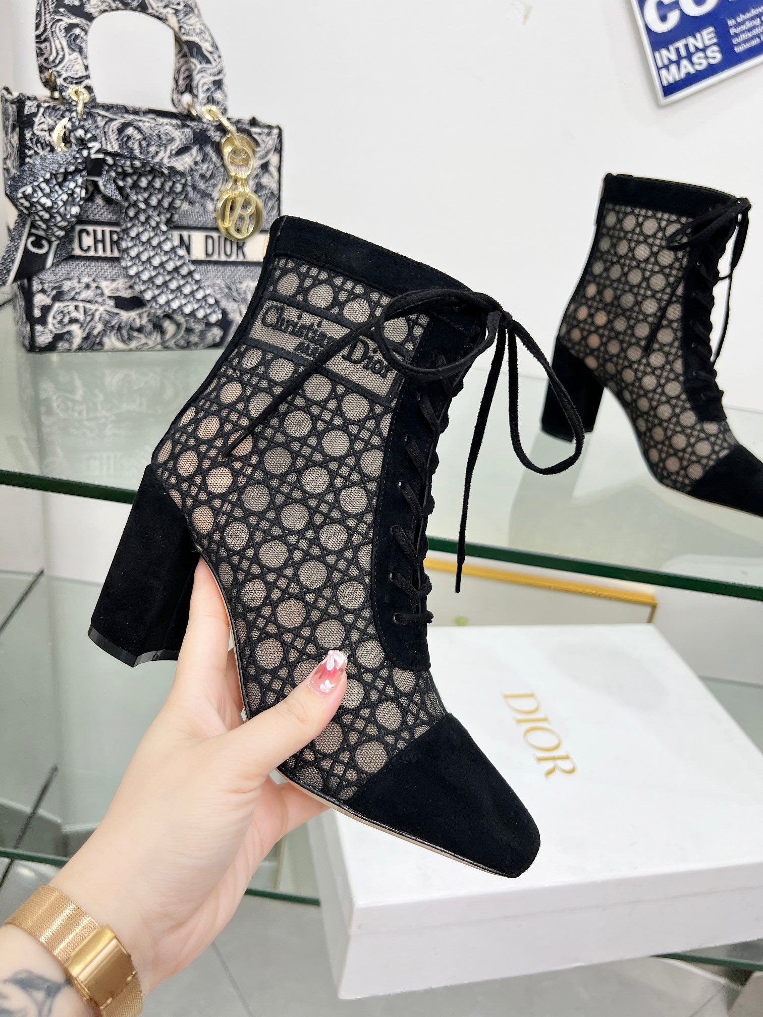 NAUGHTILY-D HEELED ANKLE BOOT IN BLACK CANNAGE MOTIF MESH AND SUEDE 8 CM