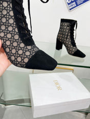 NAUGHTILY-D HEELED ANKLE BOOT IN BLACK CANNAGE MOTIF MESH AND SUEDE 8 CM