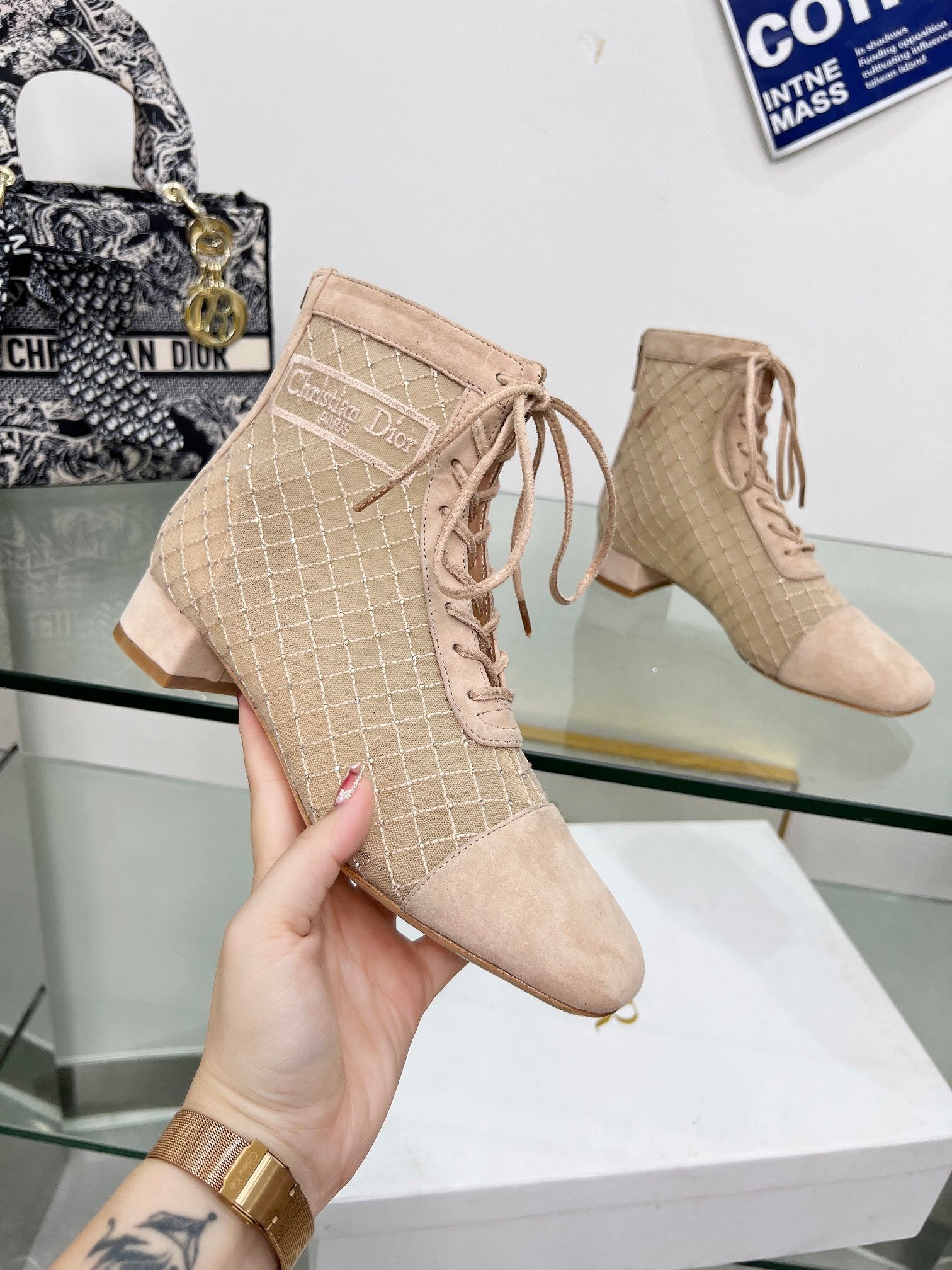 NAUGHTILY-D HEELED ANKLE BOOT IN BISQUE BEIGE EMBROIDERED MESH AND SUEDE 35 MM