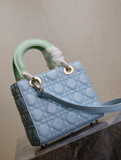 MEDIUM LADY BAG 20 IN BABY BLUE QUILTED MACROCANNAGE CALFSKIN GREEN STRAP