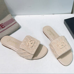 KNIT CAMEL BEIGE FABRIC FLAT SLIDE