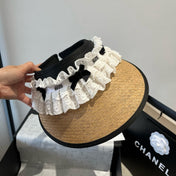 MM OPEN-TOP STRAW HAT IN BEIGE MIX WHITE EYELET FABRIC